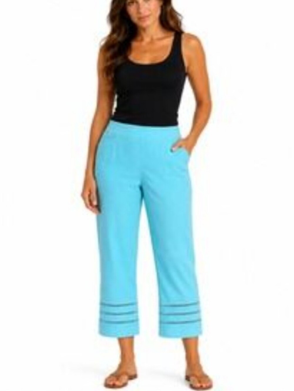 Chico’s Brigitte Slim Leg Crop Crochet Hem Capri Pants Turquoise Size 12 Petite